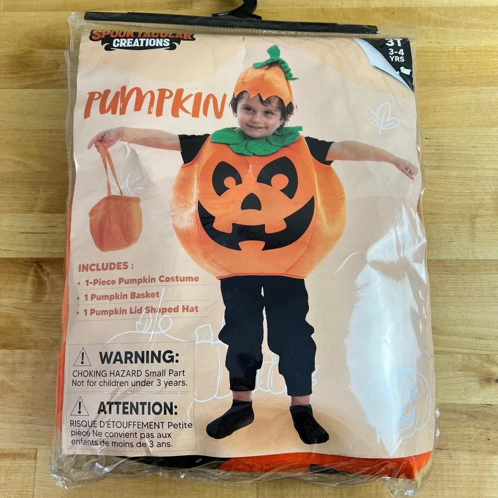 Pumpkin Jack-o-Lantern Costume With Hat and Basket 3T 3-4 Years‎ Halloween